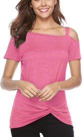 Women Cold Shoulder Tops: Summer Short Sleeve Shirts Casual Twist Knot Blouse T-Shirt S-2XL